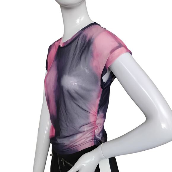 Dazy See Thru Watercolor Top Size Large Pink/Blue Short Sleeve Ruched Sides NWT - Picture 2 of 8